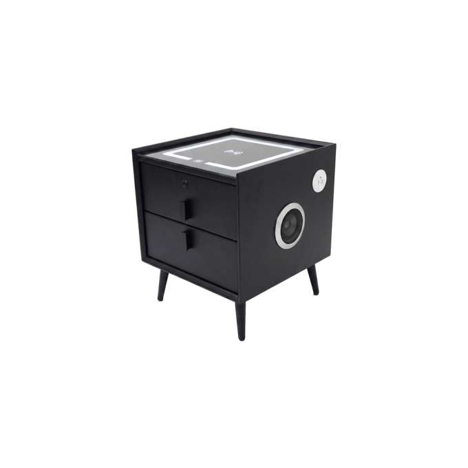 Bedside table with drawers LED lighting USB charging Bluetooth speaker black