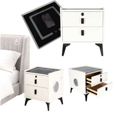 Bedside table with drawers LED lighting USB charging Bluetooth speaker ecru