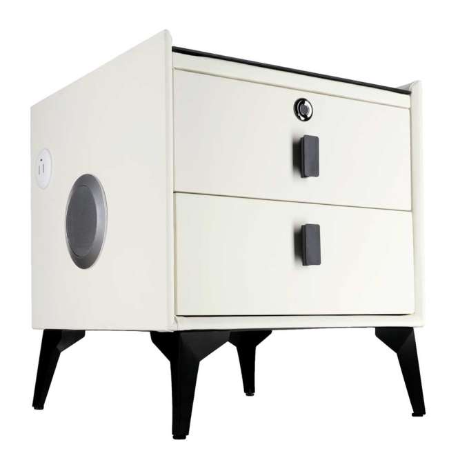 Bedside table with drawers LED lighting USB charging Bluetooth speaker ecru
