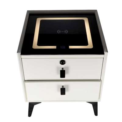 Bedside table with drawers LED lighting USB charging Bluetooth speaker ecru