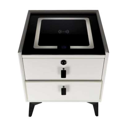 Bedside table with drawers LED lighting USB charging Bluetooth speaker ecru