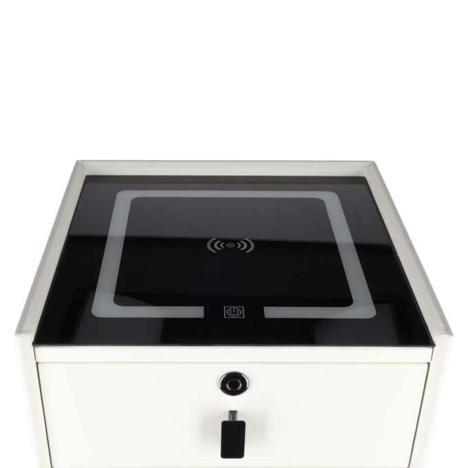 Bedside table with drawers LED lighting USB charging Bluetooth speaker ecru