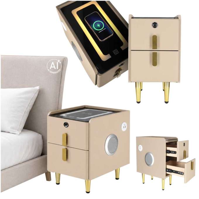 Bedside table with drawers LED lighting USB charging and Bluetooth speaker beige