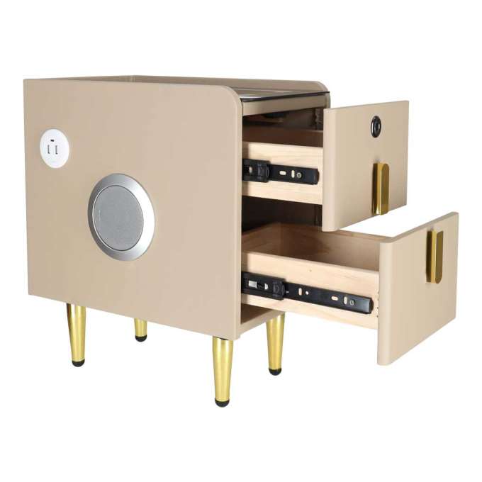Bedside table with drawers LED lighting USB charging and Bluetooth speaker beige
