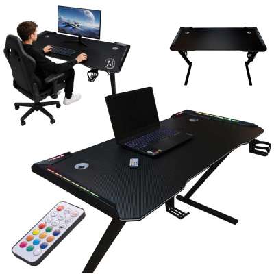 Biurko gamingowe LED podświetlenie RGB uchwyty komputerowe dla gracza 120x60cm
