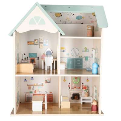 Domek dla lalek drewniany LULILO mebelki figurki 56cm miętowy