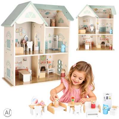 Domek dla lalek drewniany LULILO mebelki figurki 56cm miętowy