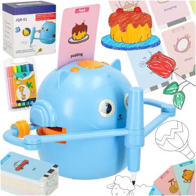 Interactive robot toy for learning to draw flashcards colored markers blue