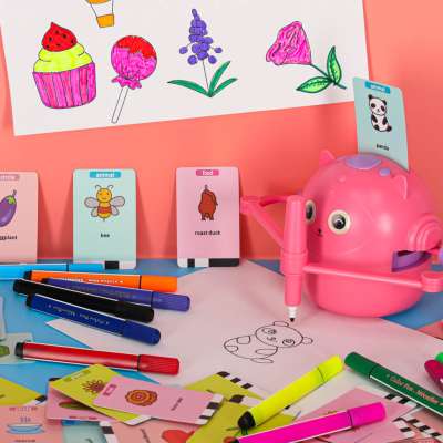 Interactive robot toy for learning to draw flashcards colored markers pink
