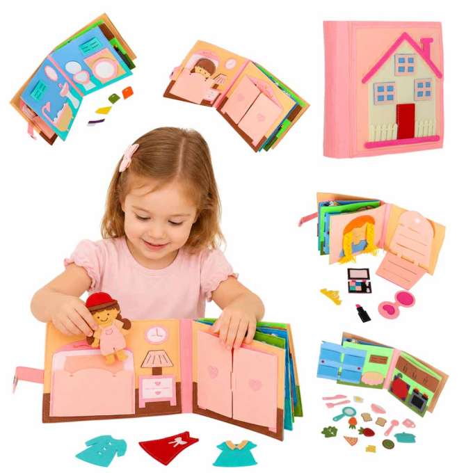 Książeczka sensoryczna edukacyjna filcowa 3D manipulacyjna ruchome elementy dom