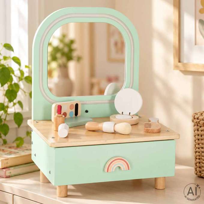 LULILO Mini Wooden Dressing Table for Girls with LED Mirror and Accessories