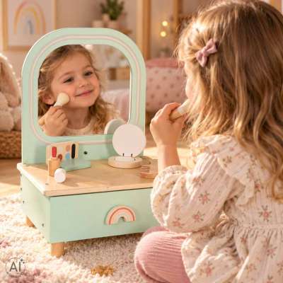 LULILO Mini Wooden Dressing Table for Girls with LED Mirror and Accessories