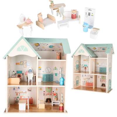 LULILO Wooden Dollhouse with Furniture and Figures 56 cm Mint
