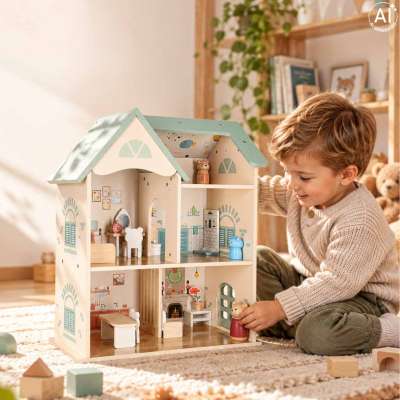 LULILO Wooden Dollhouse with Furniture and Figures 56 cm Mint