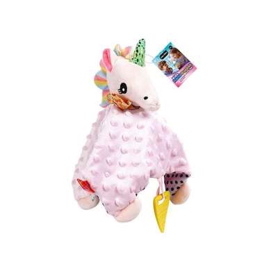 Sensory plush toy blanket teether and unicorn tags