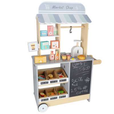 Sklep market drewniany stragan food truck z kostkarką do lodu na kółkach