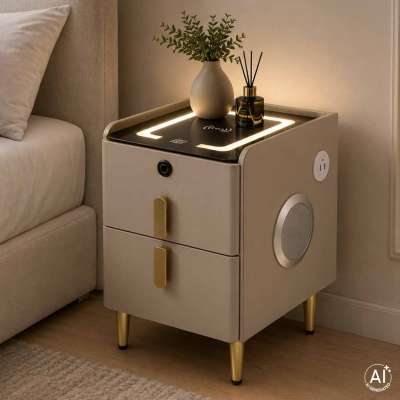 Smart Nightstand with Fingerprint Lock and Wireless Charging Beige