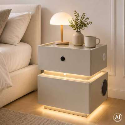 Smart Nightstand with Fingerprint Lock and Wireless Charging Ecru