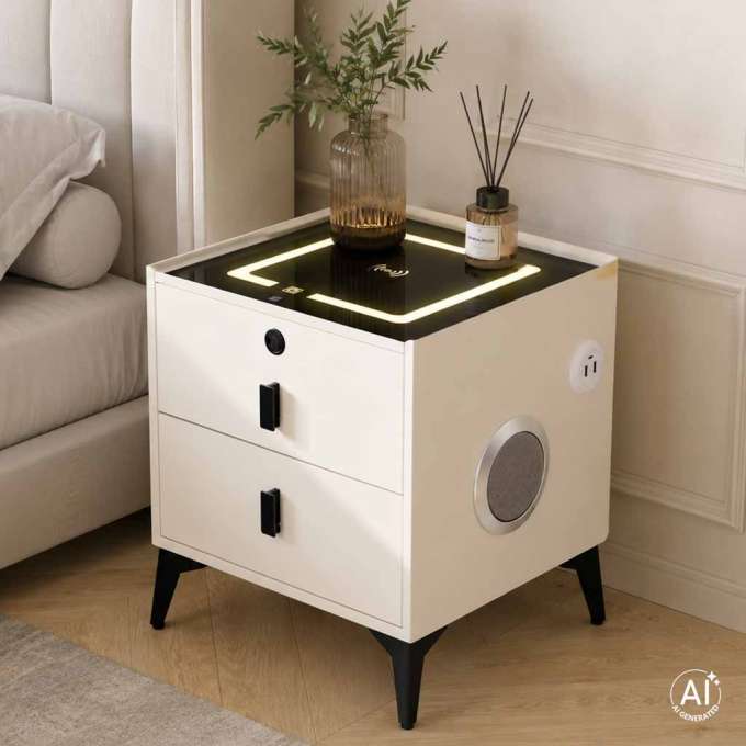 Smart Nightstand with Fingerprint Lock and Wireless Charging Ecru