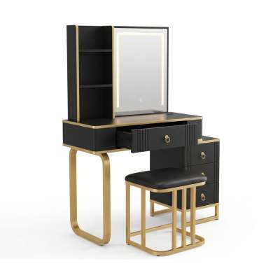 Vanity set with LED mirror lighting cabinet and stool in black and gold