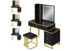 Vanity set with LED mirror lighting cabinet and stool in black and gold 1