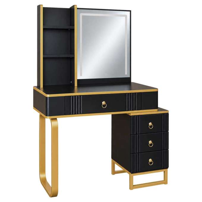 Vanity set with LED mirror lighting cabinet and stool in black and gold