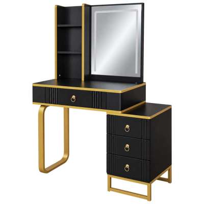 Vanity set with LED mirror lighting cabinet and stool in black and gold