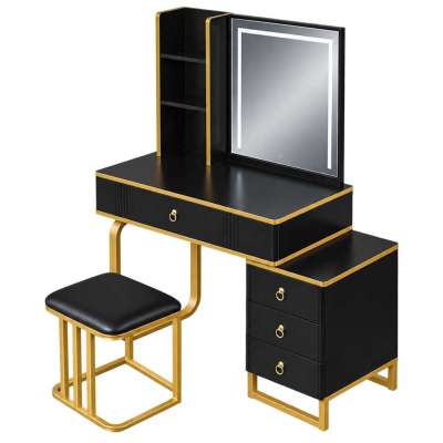 Vanity set with LED mirror lighting cabinet and stool in black and gold