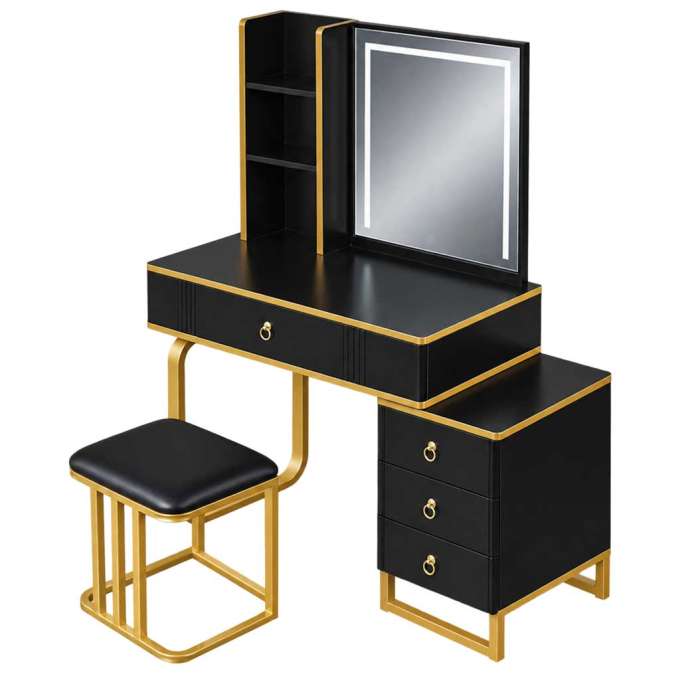 Vanity set with LED mirror lighting cabinet and stool in black and gold