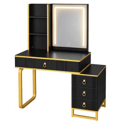 Vanity set with LED mirror lighting cabinet and stool in black and gold