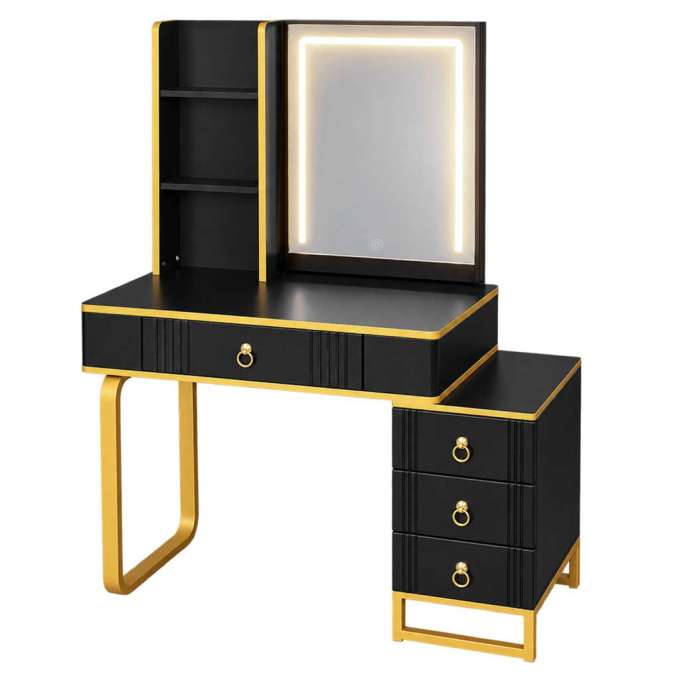 Vanity set with LED mirror lighting cabinet and stool in black and gold