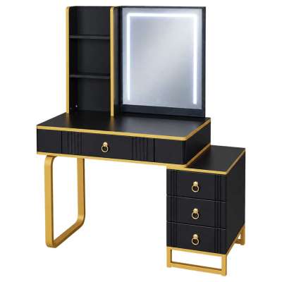 Vanity set with LED mirror lighting cabinet and stool in black and gold