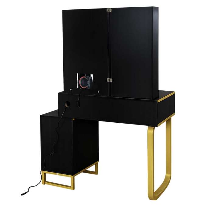 Vanity set with LED mirror lighting cabinet and stool in black and gold