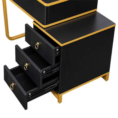 Vanity set with LED mirror lighting cabinet and stool in black and gold