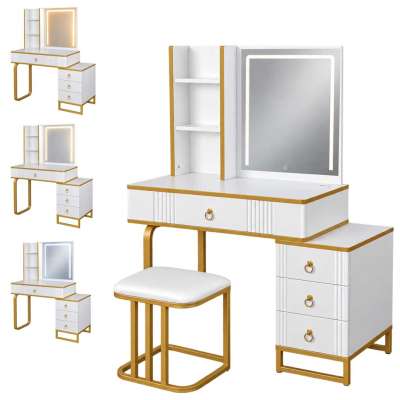 Vanity set with LED mirror lighting cabinet and stool in white and gold