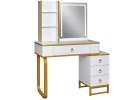 Vanity set with LED mirror lighting cabinet and stool in white and gold 7