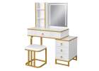 Vanity set with LED mirror lighting cabinet and stool in white and gold 8