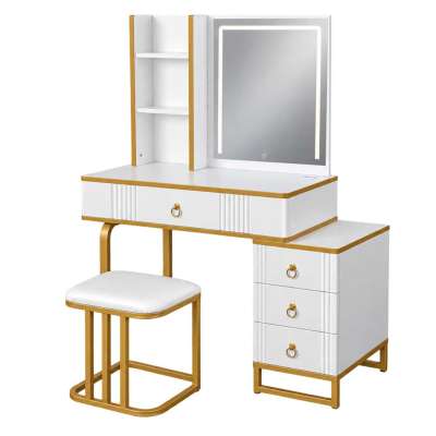Vanity set with LED mirror lighting cabinet and stool in white and gold