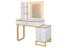 Vanity set with LED mirror lighting cabinet and stool in white and gold 9