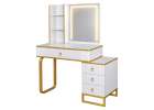 Vanity set with LED mirror lighting cabinet and stool in white and gold 2