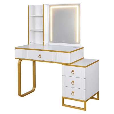 Vanity set with LED mirror lighting cabinet and stool in white and gold