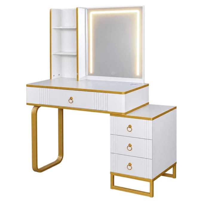 Vanity set with LED mirror lighting cabinet and stool in white and gold