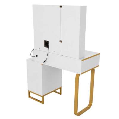 Vanity set with LED mirror lighting cabinet and stool in white and gold