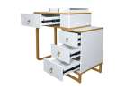 Vanity set with LED mirror lighting cabinet and stool in white and gold 5