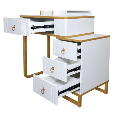 Vanity set with LED mirror lighting cabinet and stool in white and gold