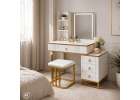 Vanity set with LED mirror lighting cabinet and stool in white and gold 13