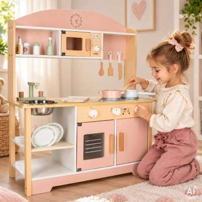 Wooden MDF MODERN CLASSIC Children's Kitchen Set with Accessories 82 cm Pink