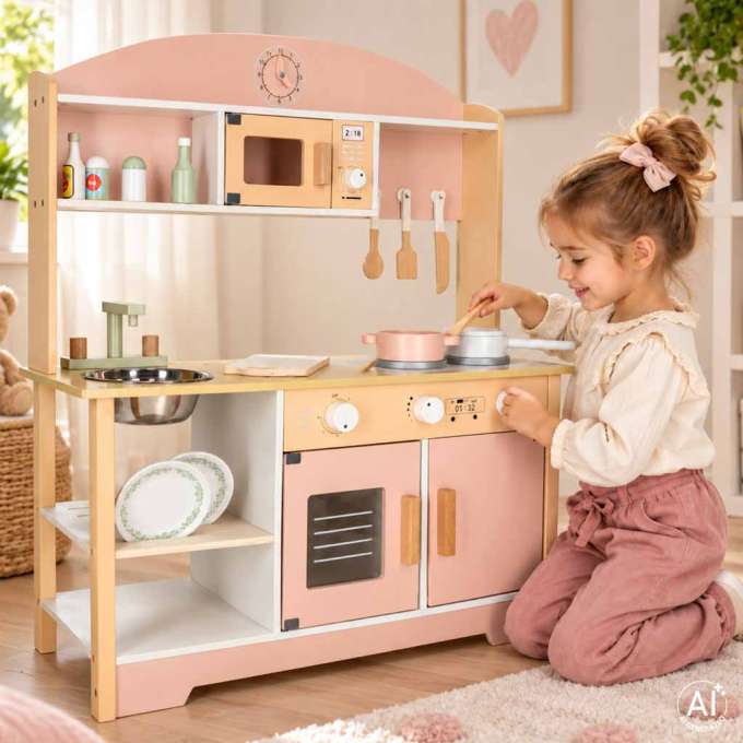 Wooden MDF MODERN CLASSIC Children's Kitchen Set with Accessories 82 cm Pink