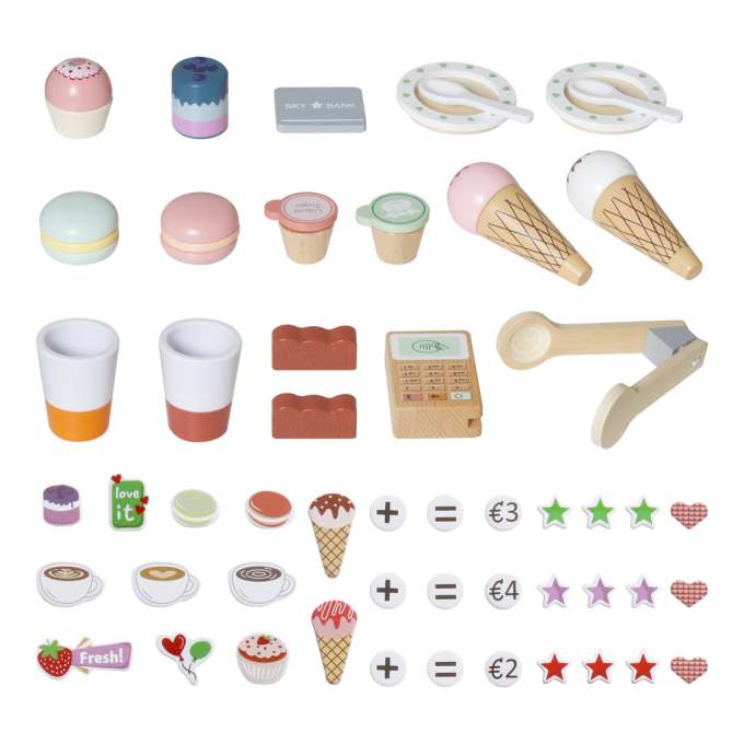 Wooden café and bakery for kids coffee machine cupcakes ice cream desserts