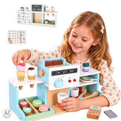 Wooden café and bakery for kids coffee machine cupcakes ice cream desserts